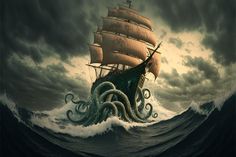 an octopus attacking a sailing ship in the middle of the ocean with storm clouds overhead