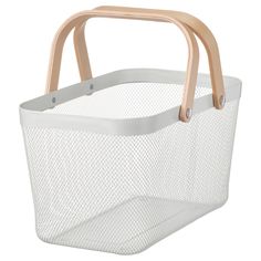 a white basket with wooden handles on the front and bottom, holding a plastic handle