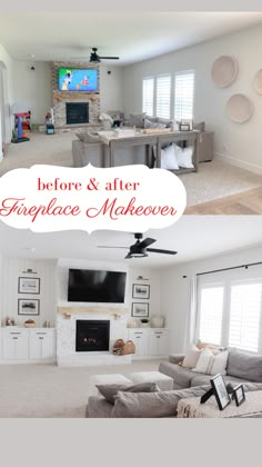 before and after pictures of a fireplace makeover in a living room with white walls