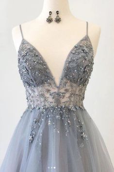 Illusion Dress Prom, Tulle Prom Dress Long, Grey Evening Dresses, Grey Prom Dress, School Dance Dresses, Sparkly Prom Dresses, Winter Formal Dresses, Tulle Evening Dress, Beaded Prom Dress