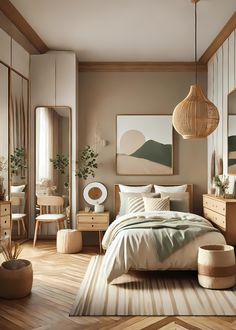 a bedroom with wooden floors and beige walls