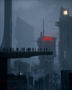 people walking across a bridge over a city at night