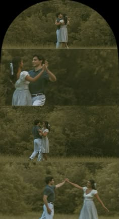 two people are dancing together in the grass