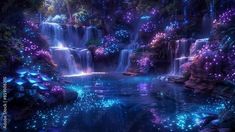 the waterfall is lit up with blue lights and water lilies floating on it's surface