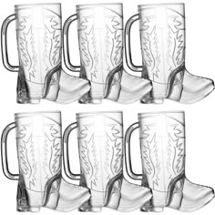 set of six etched glass mugs with handles