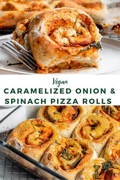 two images showing different types of pizza rolls and the words vegan caramelized onion & spinach pizza rolls