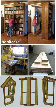 several pictures of different types of bookshelves in various stages of construction and installation