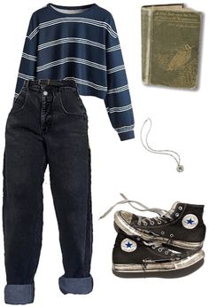 Revivebur Inspired Outfit, Heartstopper Inspired Outfits, How To Style Dark Blue Jeans, 80s Outfits Aesthetic, 80s Grunge Outfits, Ideas For Converse, Converse Outfit, Dark Clothes