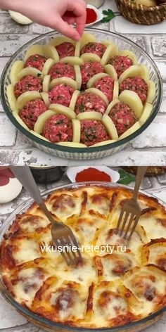 there are two pictures with different food items in them and the same one has meatballs on it