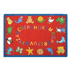 a child's rug with the letters and animals on it, all in red