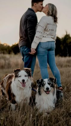 a man and woman kissing while standing next to two dogs in a field with tall grass