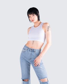 Who said a casual fit needs to be boring? 😏 This two piece set featuring a white cropped tank top paired with blue distressed denim jeans is the versatile look of your dreams 🤍 Trendy Denim Crop Top, Trendy Denim Tank Top, Casual White Cropped Jeans, Trendy Everyday Crop Top, High Rise Denim Crop Top Casual Style, Trendy Cropped Tank Top For Everyday, Trendy Ripped High Rise Tops, Casual Ripped Crop Top For Spring, Trendy High Rise Crop Top For Summer