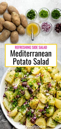 a white bowl filled with potatoes next to other vegetables and seasonings on a table