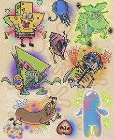 some stickers on the side of a wall with different types of cartoon characters and colors