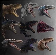 an artist's rendering of dinosaurs with their mouths open and teeth out, all in different colors