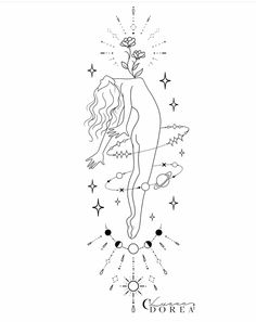 the back side of a woman's body with stars around it