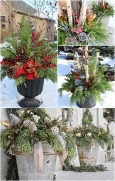 four different pictures of christmas decorations in buckets