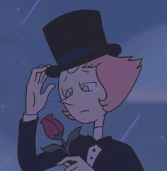 an animated image of a man in top hat holding a rose and looking at the sky