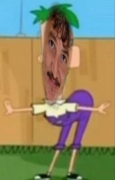 a man with a mustache and purple pants is in front of a cardboard wall holding a golf club