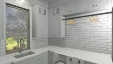 an empty kitchen with white cabinets and tile backsplash, window over the sink