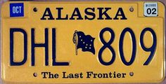 alaska license plate with the words, dhl 809 and the last frontier on it