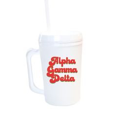 a white cup with a straw in it and the words aloha gumma delta