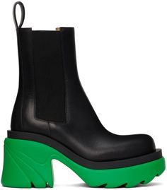 Bottega Veneta: Black & Green Flash Boots | SSENSE Black And Green Boots, Bat Mitzvah Outfits, Bottega Veneta Heels, Black Grass, Green Boots, Leather Chelsea Boots, Bat Mitzvah, Rubber Rain Boots, Bottega Veneta