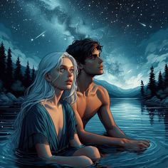 two people are sitting in the water looking at the stars