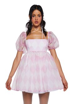 Sugar Thrillz Argyle Print Organza Babydoll Dress - Pink/White Sheer Babydoll Dress, Summer Organza Mini Dress With Puff Sleeves, Summer Puff Sleeve Organza Mini Dress, Sheer Puff Sleeve Mini Dress For Summer, Babydoll Fashion, Argyle Print, Sassy Outfit, Sugar Thrillz, Clothing Cute