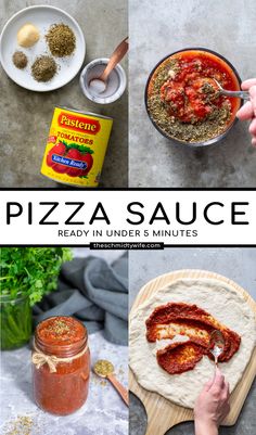 pizza sauce is shown with ingredients to make it look like they have been made in the oven