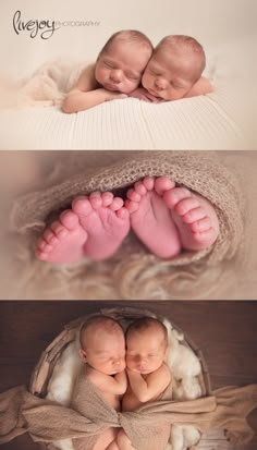 two newborn babies cuddle together in a basket