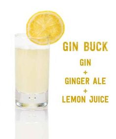 a gin and ginger ale lemon juice with the text gin buck gin + ginger ale & lemon juice