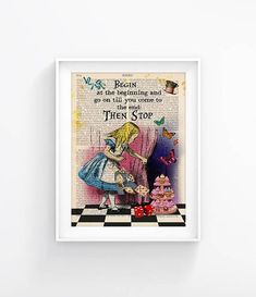 a poster with an image of alice and the wonderland tea party on it's side