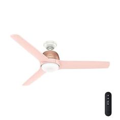 a pink ceiling fan and remote control on a white background with the light turned off