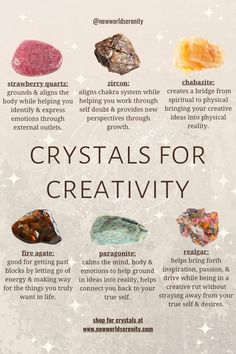 Have you tried crystals to spark up your creativity? ✨🎨🖼️ All of these crystals help you work through any stagnant energy that may be creating blocks within your body & mind ✨💎🤍 Meditate, keep these around you while working, or channel Source to receive motivation towards your true endeavors and creative insights✨🎨 If you’re looking for some crystals to add to your collection, you can support my small business by tapping the link in my bio ✨💎⬆️ For more crystals meanings checkout my page ✨💎 I post other spiritual witchy content, follow for more✨🔮🍄 Like or save this post for future reference 🤍👍🏼 #crystals Crystals Meanings Journal, How To Use Stones And Crystals, Stones For Creativity, Crystals For Forgiveness, Crystals For Learning, Crystals For Fear, Crystals For Christmas, How To Activate Crystals, Crystals For Beauty