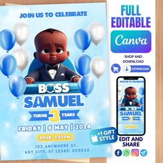 the boss samuel birthday party flyer is displayed on a wooden table with balloons and an iphone