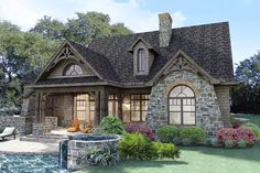 this is an artist's rendering of a house in the country style with stone and wood accents