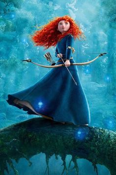 the little red - haired girl is standing on top of a tree branch with an arrow in her hand