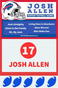 Best Josh Allen Fantasy Football Team Names: Funny, Creative, Clever Fantasy Football Team Names, Team Names Funny, Josh Allen Buffalo Bills, Fantasy Football Names, Football Team Names, Football Names, Bills Mafia, Fantasy Football League, Josh Allen