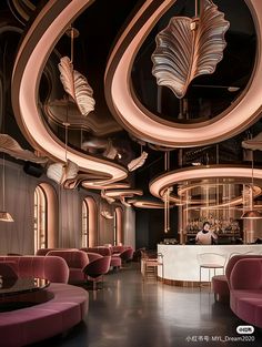 the interior of a modern restaurant with pink chairs and circular chandeliers hanging from the ceiling