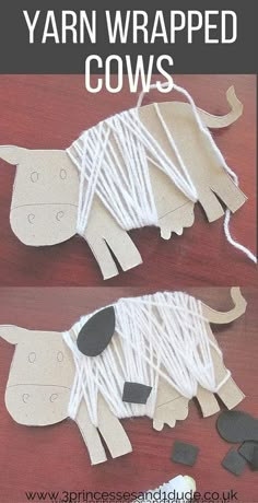 yarn wrapped cows are on the table and ready to be made into puppets for children