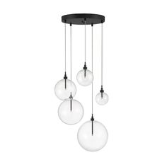 three glass globes hanging from a black ceiling fixture with four lights on each side