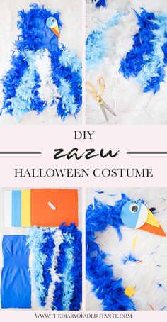 an easy diy halloween costume made out of blue feathers and paper machs with scissors