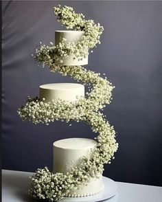 three tiered wedding cake with white flowers on top