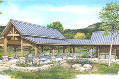 this is an artist's rendering of a rustic cabin style house with a covered patio