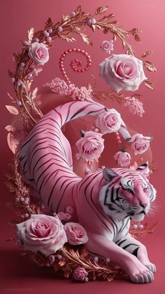 a pink and white tiger surrounded by roses