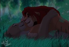 the lion king is laying down in tall grass with his head on another animal's back