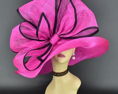 SD28A Fuchsia Hat Kentucky Derby Hat Church Hat Wedding - Etsy Pink Fedora Sun Hat For Party, Pink Fedora For Wedding, Pink Fedora Hat For Wedding, Pink Wide Brim Hat In Sinamay, Wide Brim Pink Sinamay Hat, Pink Wide Brim Sinamay Hat, Hat Tea Party, Sinamay Hat, Sinamay Hats