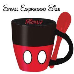 a red and black coffee cup with two spoons in it's mouth next to the words, small espresso size