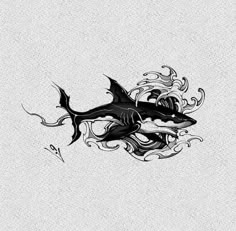 a black and white drawing of a shark with waves on it's back side